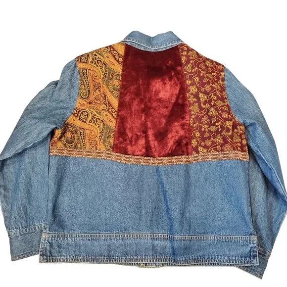 Vintage 90s Denim Velvet Tapestry‎ Jacket Patchwork Blue Paisley Sz Small Petite - Picture 3 of 8